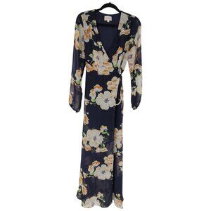 L Atiste womens large blue floral full wrap dress body lined sheer long sleeves